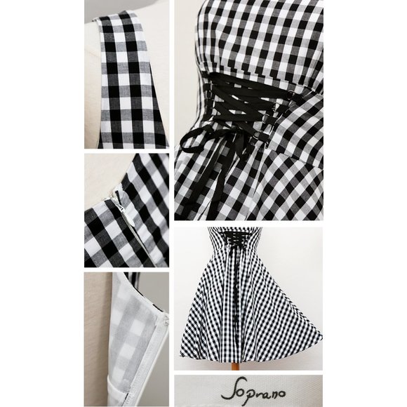Gingham Checker Laced Up Waist Fit Flared Dress - Picture 6 of 8